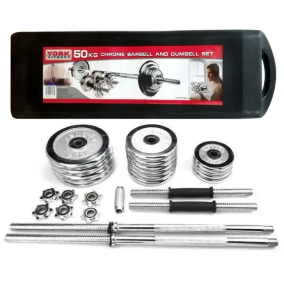 York 50kg Adjustable Dumbbell Set (with barbell)