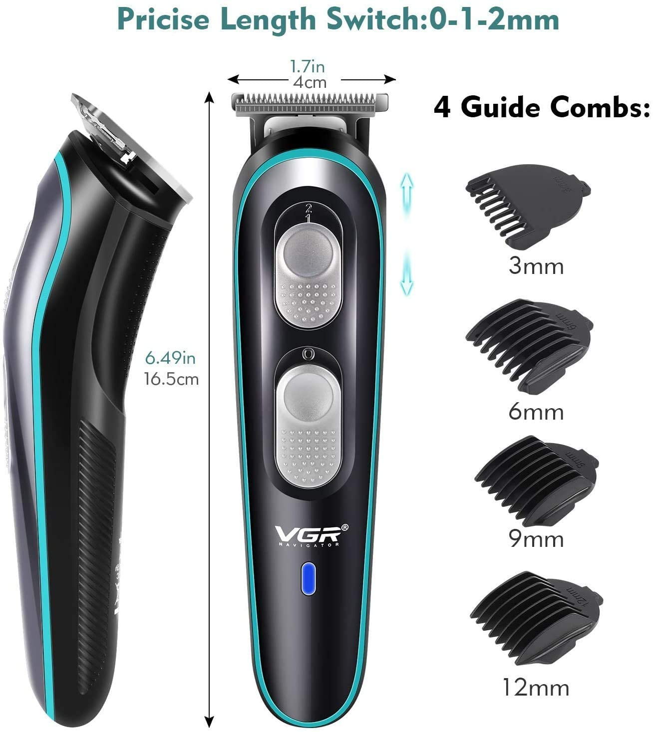 VGR 055 Professional Rechargeable Cordless Beard Hair Trimmer Kit with Guide Combs Brush USB Cord for Men - Image 2