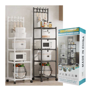 Kitchen Household Storage Rack With Pulleys & Hooks