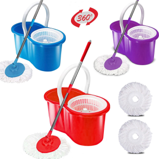 360 Spin Mop and Bucket with 2 Replacement Heads, Stainless Steel Mop Bucket 61 Inch Adjustable Handle for Floor Cleaning