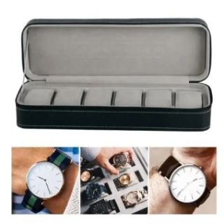6 Slot Watch Box Pu Leather Zipper Locked